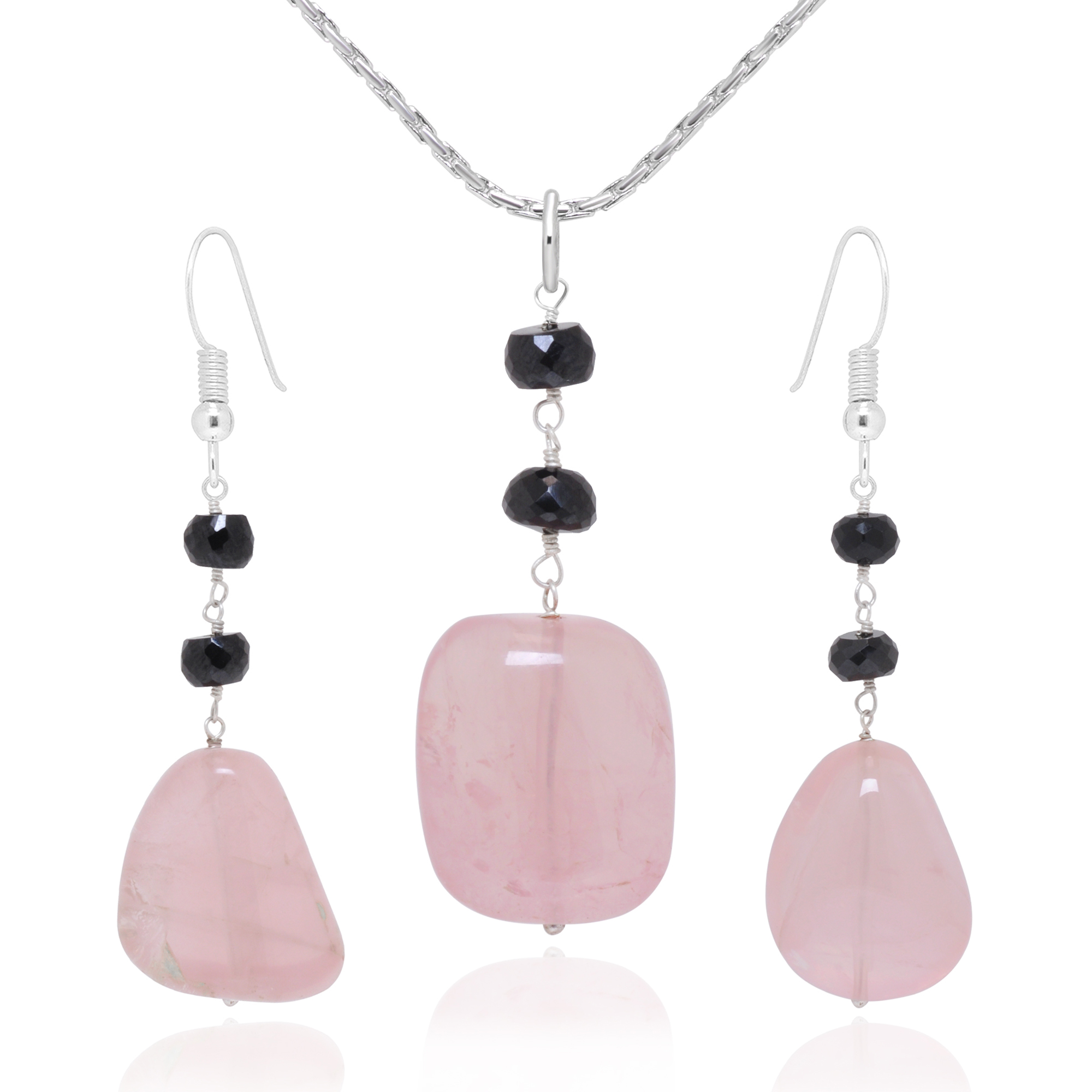 Rose Quartz & Black Spinel Gemstone Beaded Pendant & Earring Set Bp1002