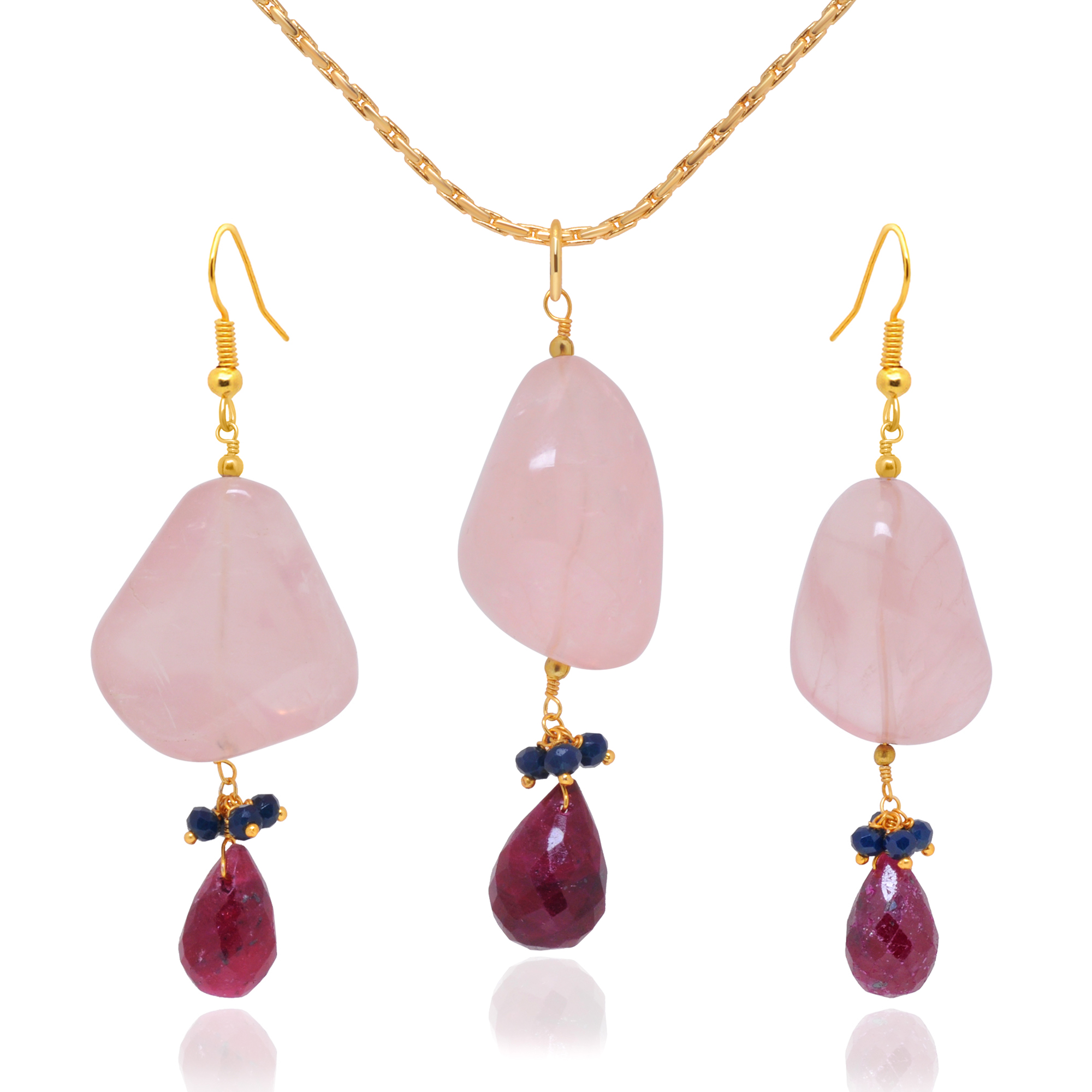 Ruby, Rose Quartz & Blue Sapphire Gemstone Beaded Pendant & Earring Set Bp1003