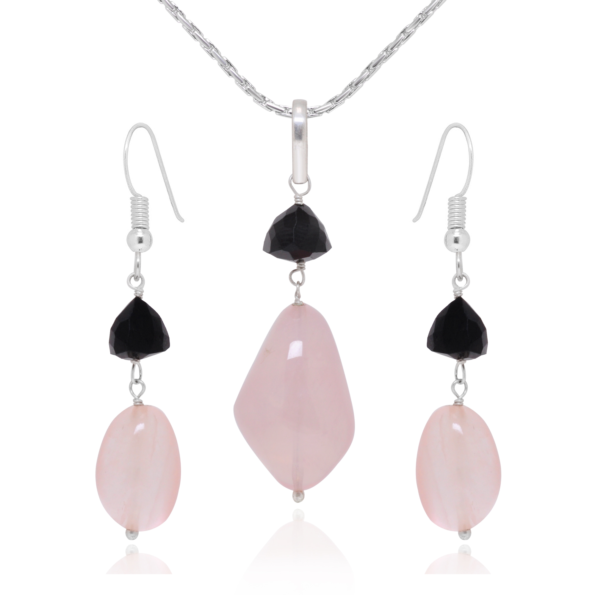 Black Spinel & Rose Quartz Gemstone Beaded Pendant & Earring Set Bp1005
