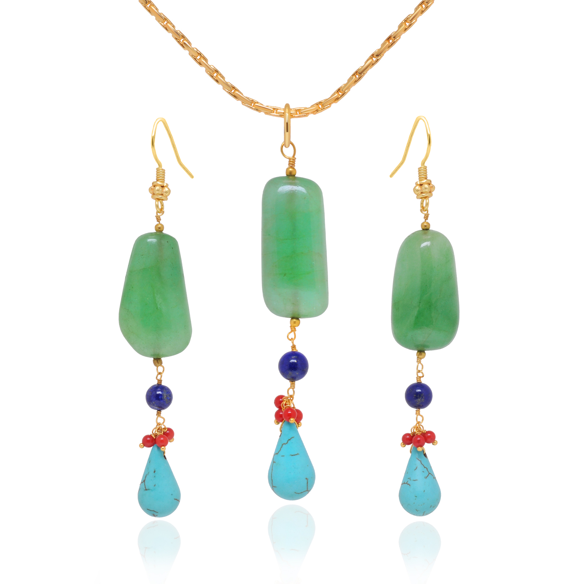 Emerald, Lapis Lazuli & Turquoise Gemstone Beaded Pendant & Earring Set Bp1006