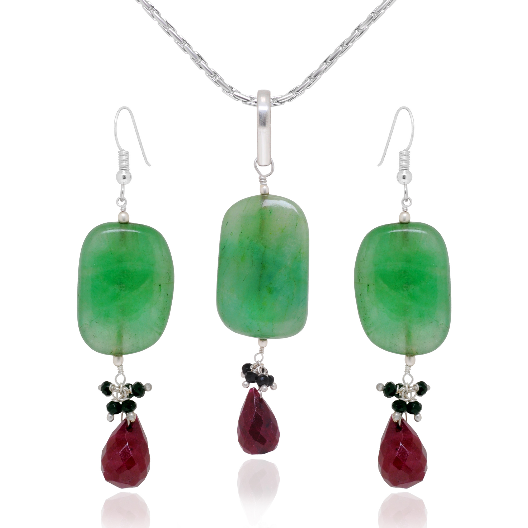 Emerald, Spinel & Ruby Gemstone Beaded Pendant & Earring Set Bp1008