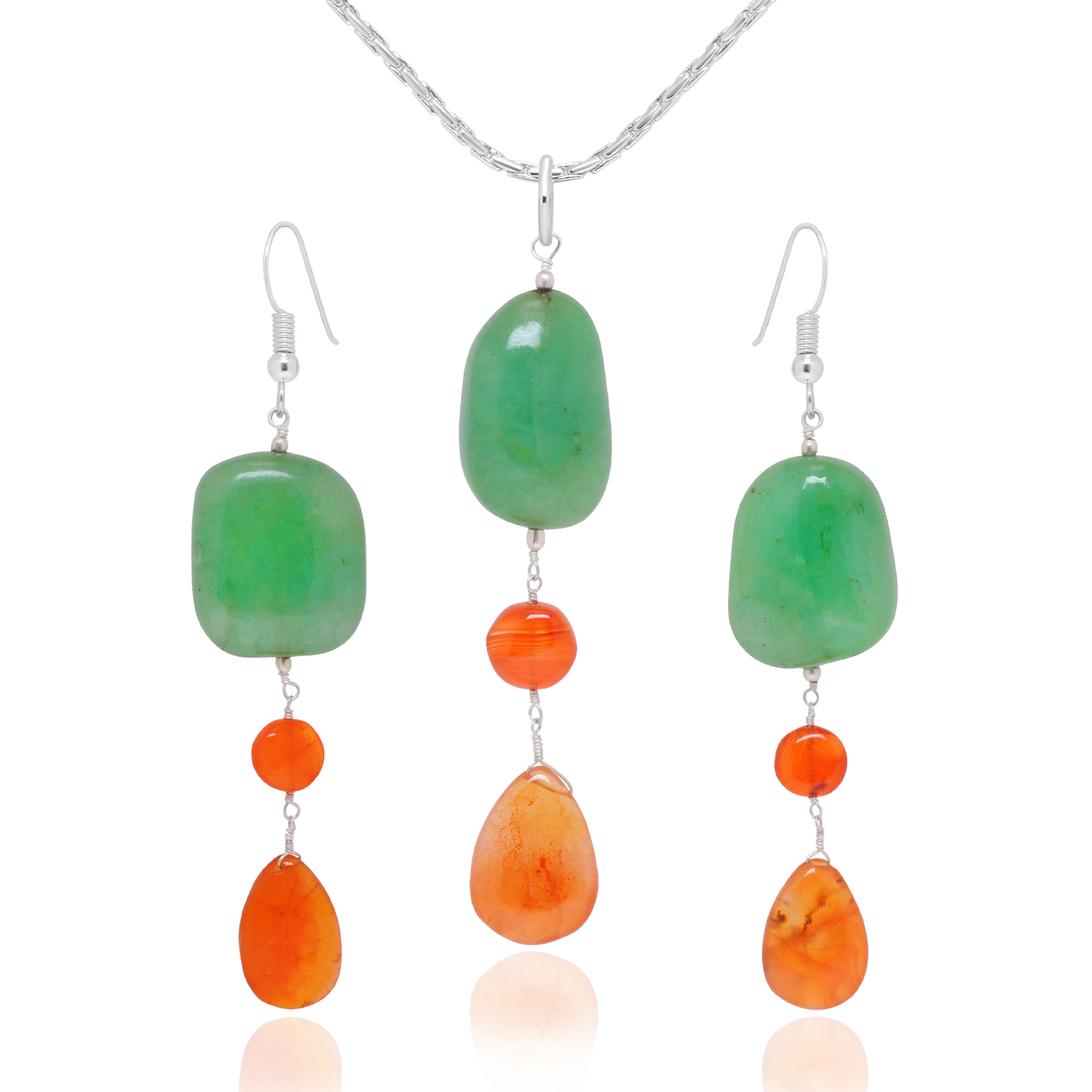Emerald & Carnelian Gemstone Beaded Pendant & Earring Set Bp1009