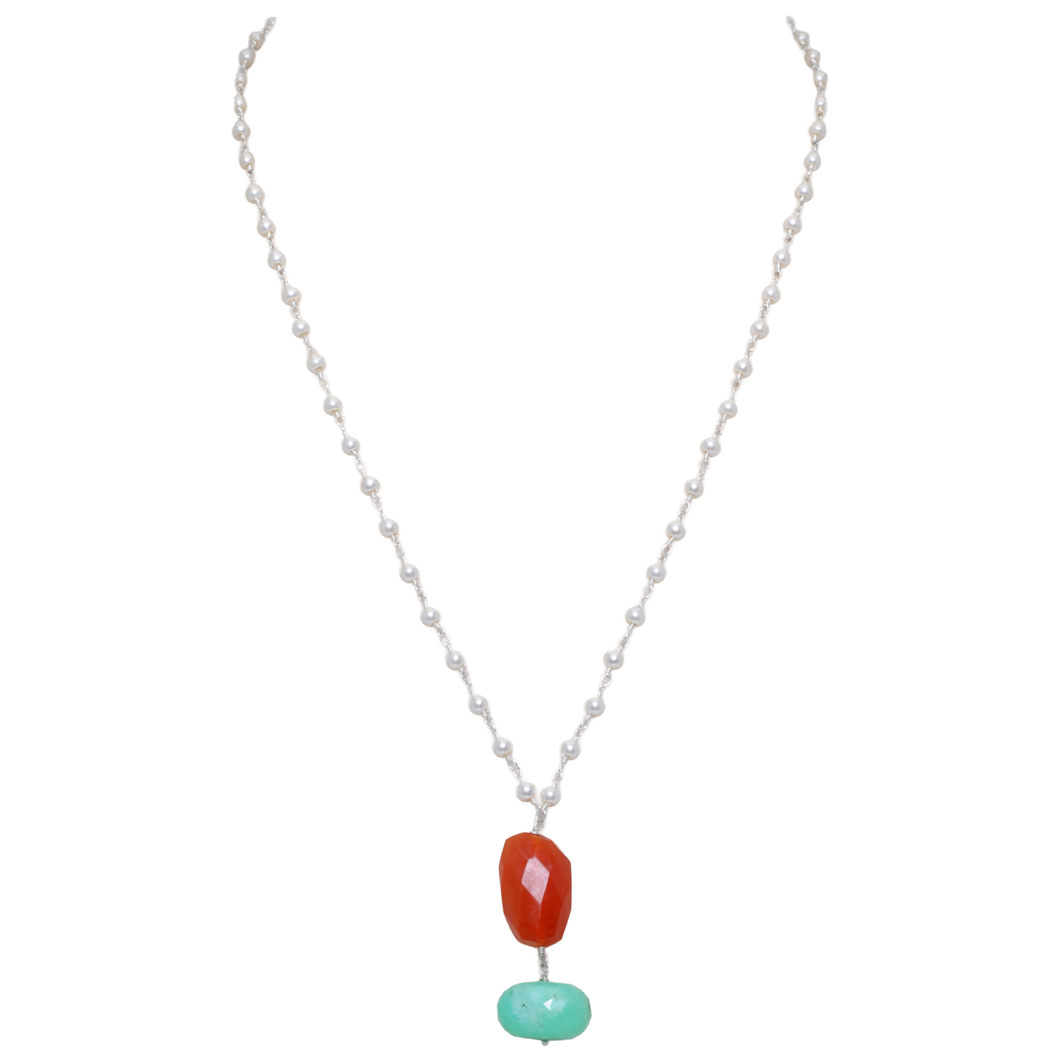 Chrysoprase & Carnelian Gemstone With Pearl Chain White Rhodium Plating Bp1018