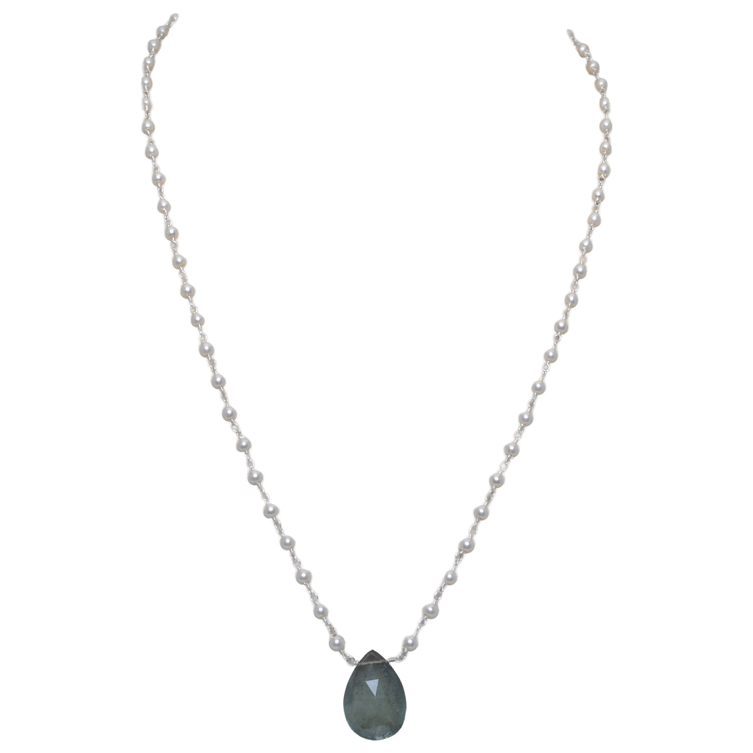 Aquamarine Gemstone With Pearl Chain White Rhodium Plating Bp1020