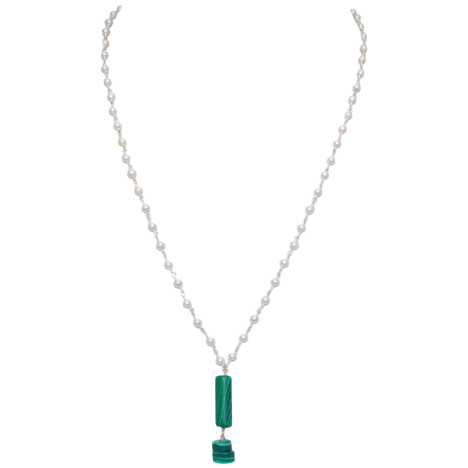 Malachite Gemstone With Pearl Chain White Rhodium Plating Bp1021
