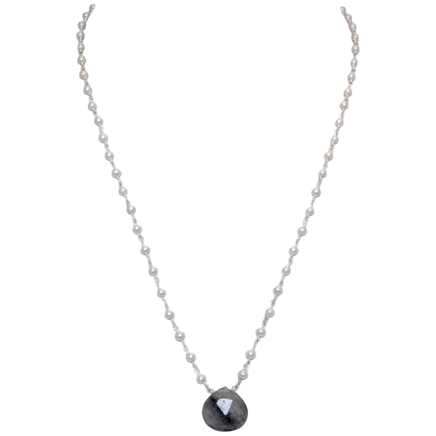 Rutile Quatz Gemstone With Pearl Chain White Rhodium Plating Bp1022