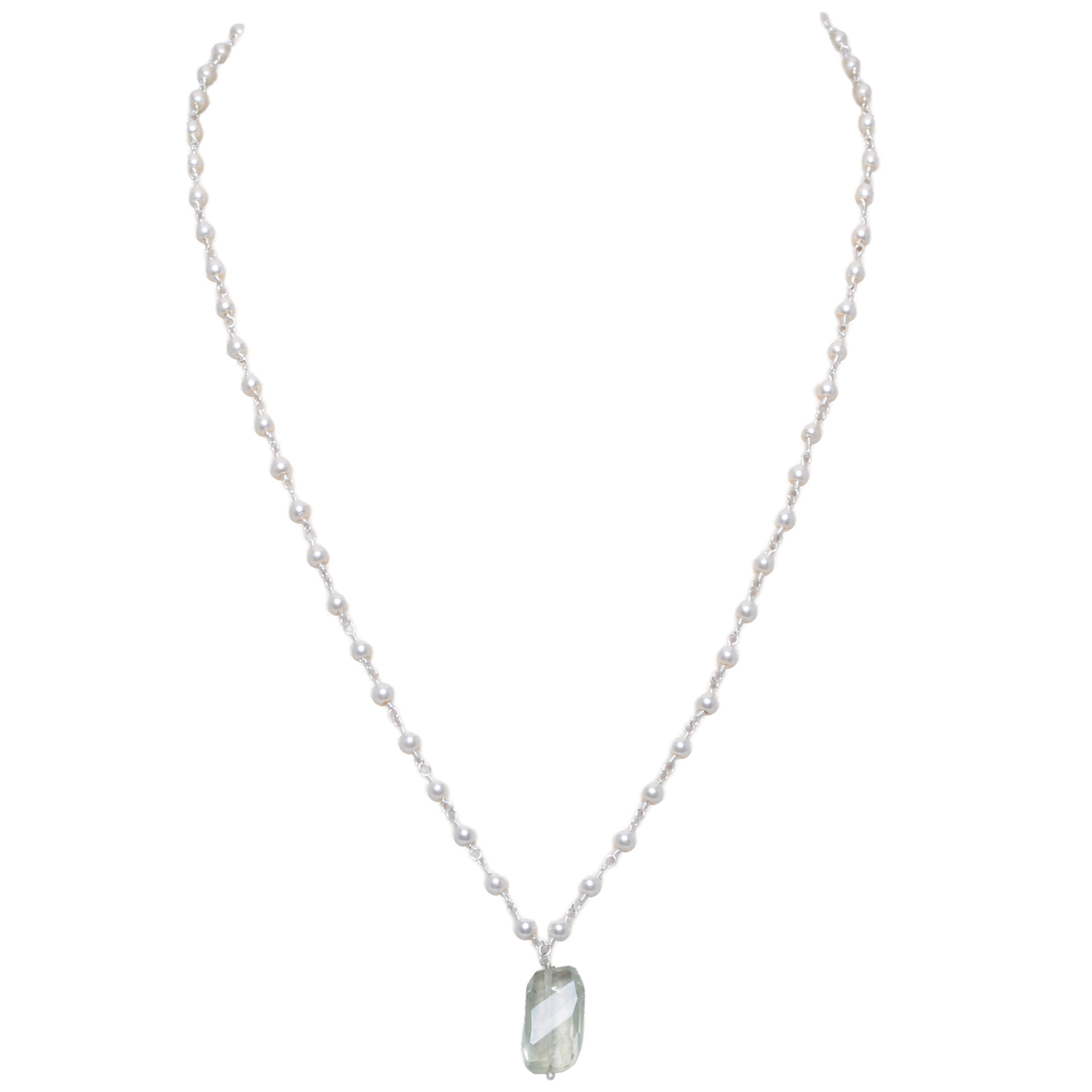 Aquamarine Gemstone With Pearl Chain White Rhodium Plating Bp1023
