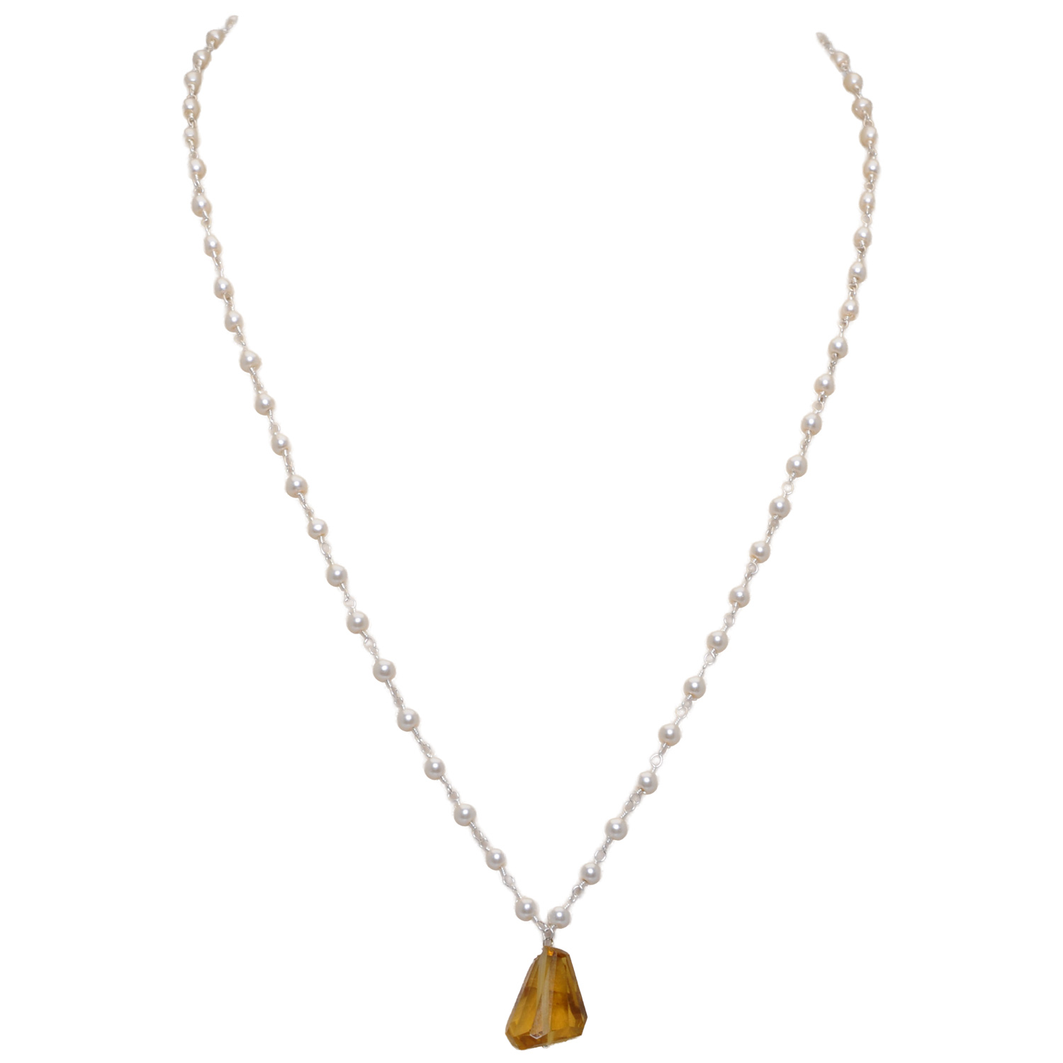 Citrine Gemstone With Pearl Chain White Rhodium Plating Bp1024