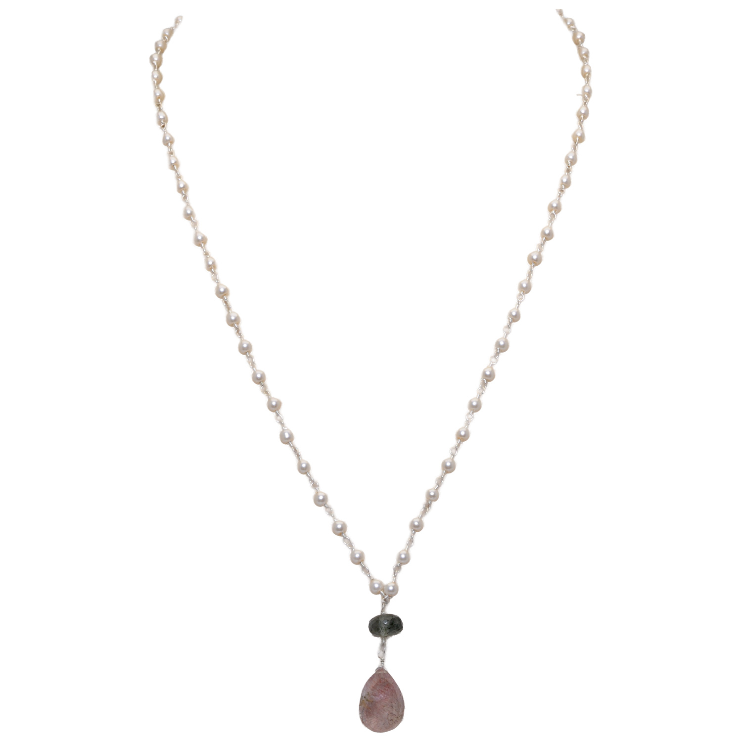 Pink Amethyst & Aquamarine Gemstone With Pearl Chain White Rhodium Plating Bp1025