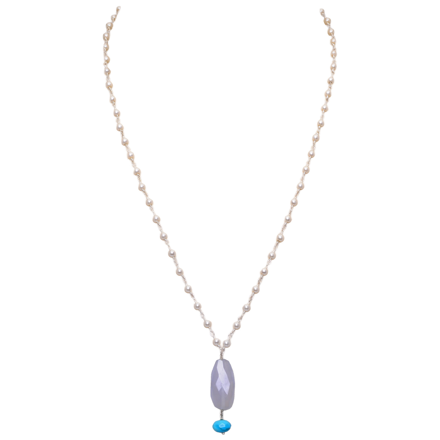 Chalcedony & Turquoise Gemstone With Pearl Chain White Rhodium Plating Bp1026