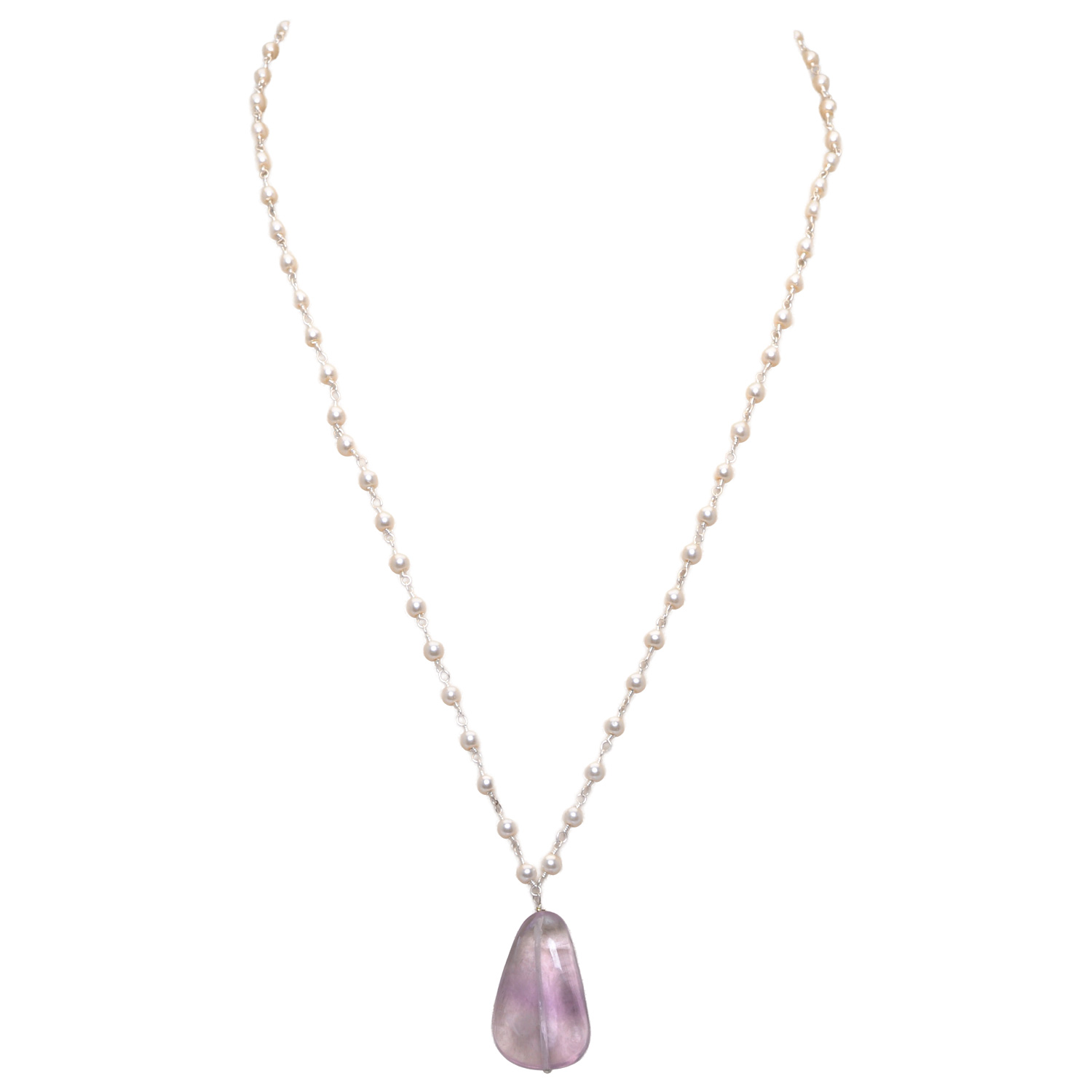 Amethyst Gemstone With Pearl Chain White Rhodium Plating Bp1027