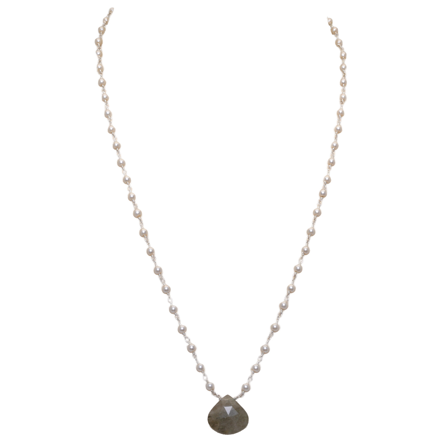 Rutile Quatz Gemstone With Pearl Chain White Rhodium Plating Bp1028