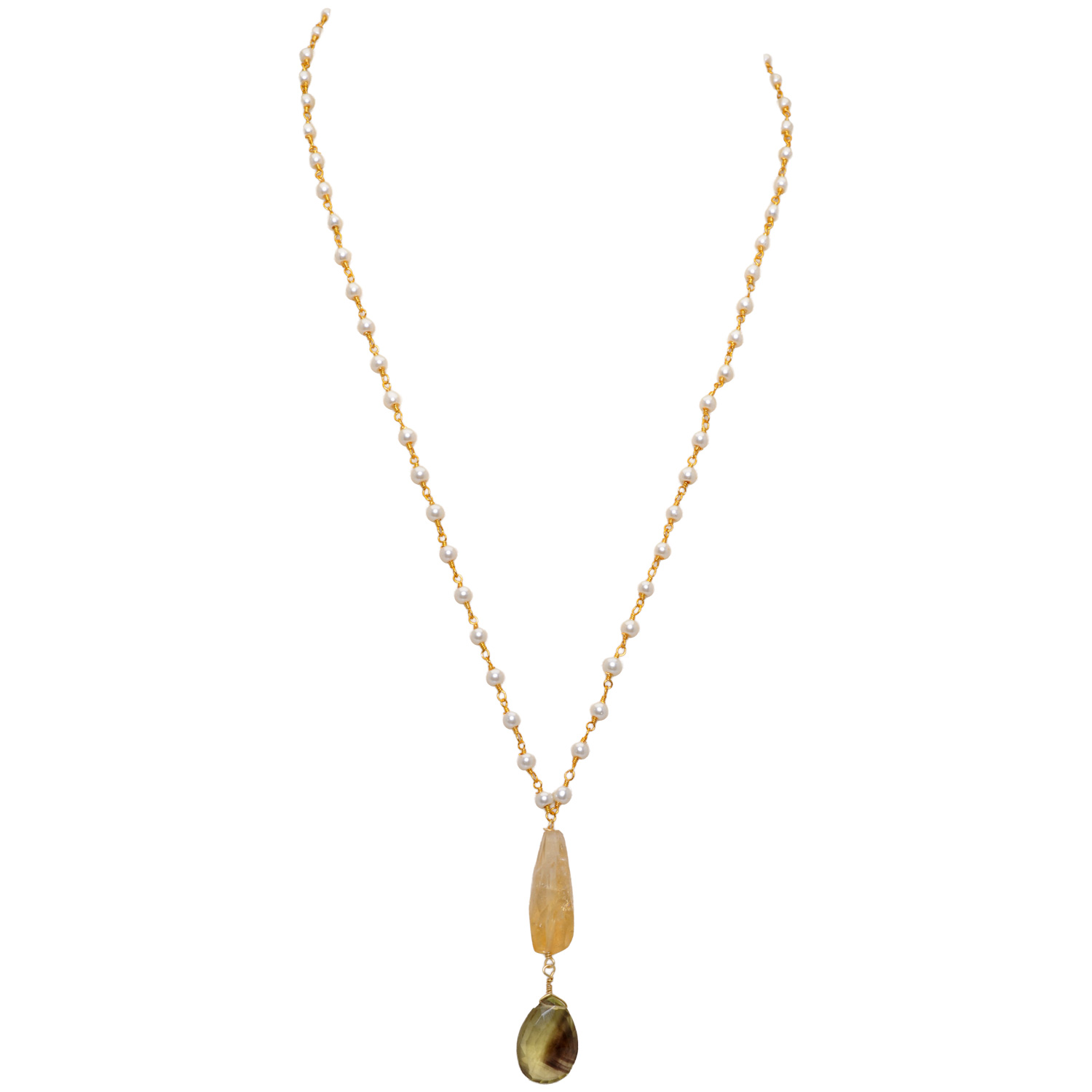 Lemon Topaz & Citrine Gemstone With Pearl Chain Gold Rhodium Plating Bp1036