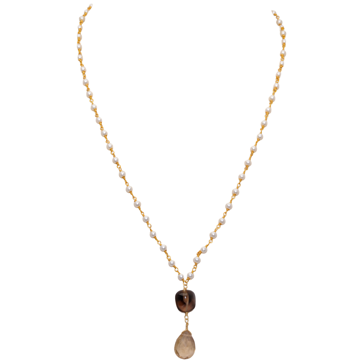 Citrine & Smoky Gemstone With Pearl Chain Gold Rhodium Plating Bp1037