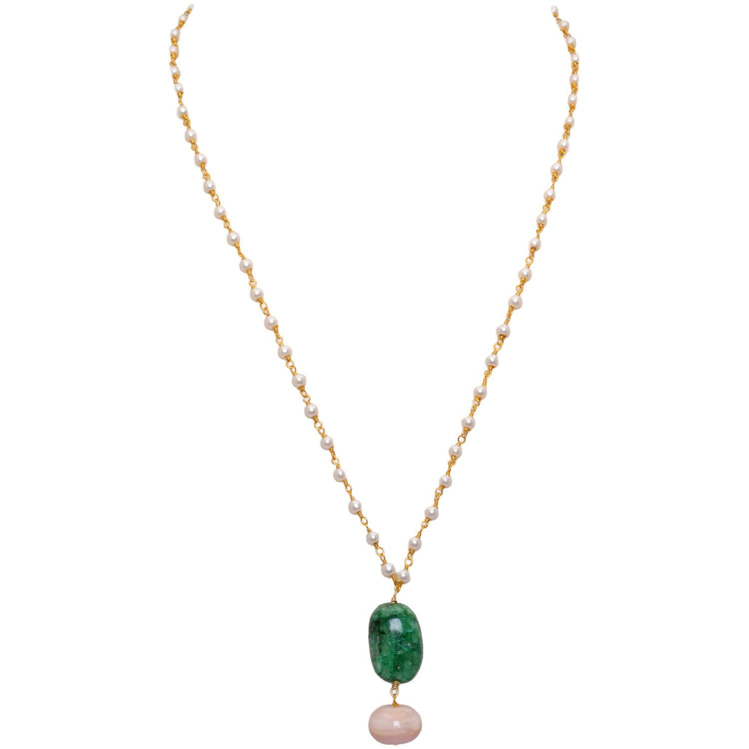 Pink Opal & Emerald Gemstone With Pearl Chain Gold Rhodium Plating Bp1039