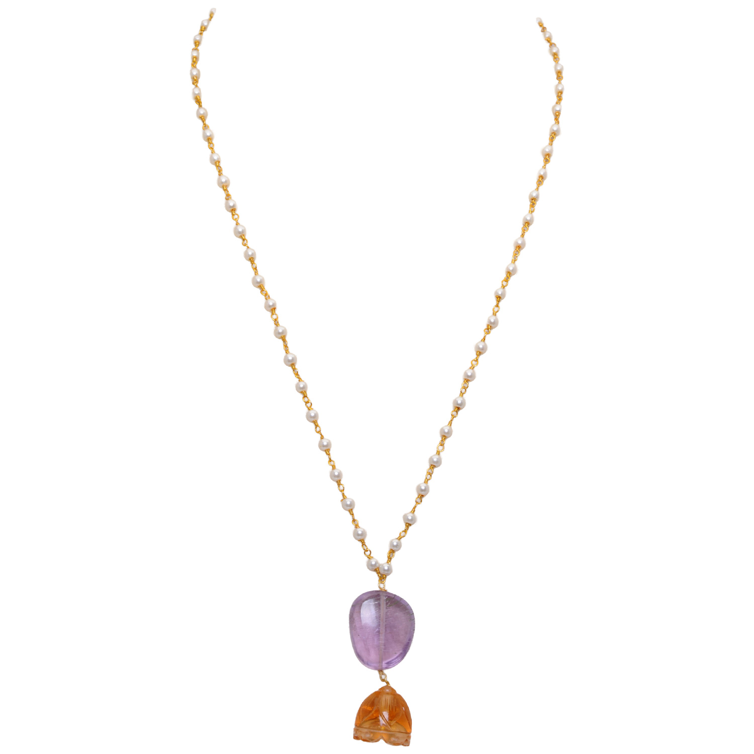 Citrine & Amethyst Gemstone With Pearl Chain Gold Rhodium Plating Bp1040