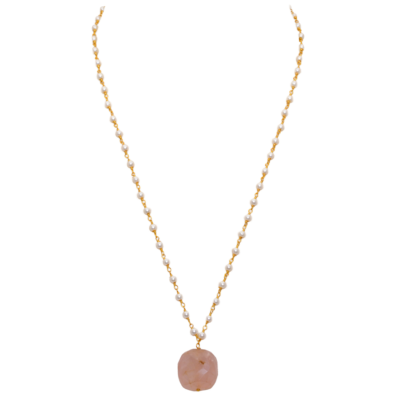 Morganite Gemstone With Pearl Chain Gold Rhodium Plating Bp1041