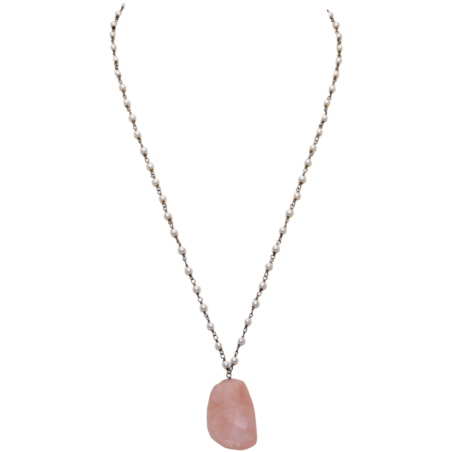 Morganite Gemstone With Pearl Chain Black Rhodium Plating Bp1050