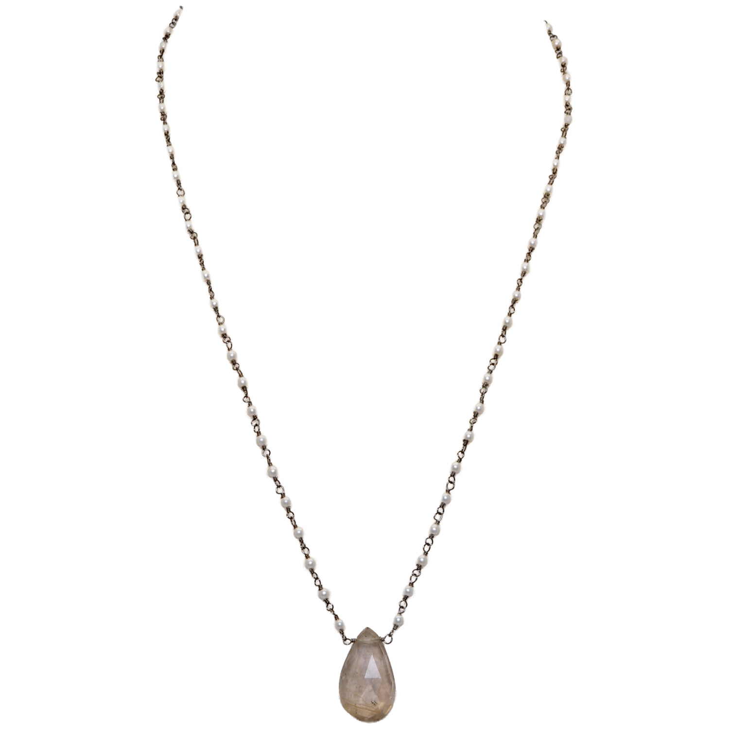 Rutile Quatz Gemstone With Pearl Chain Black Rhodium Plating Bp1051