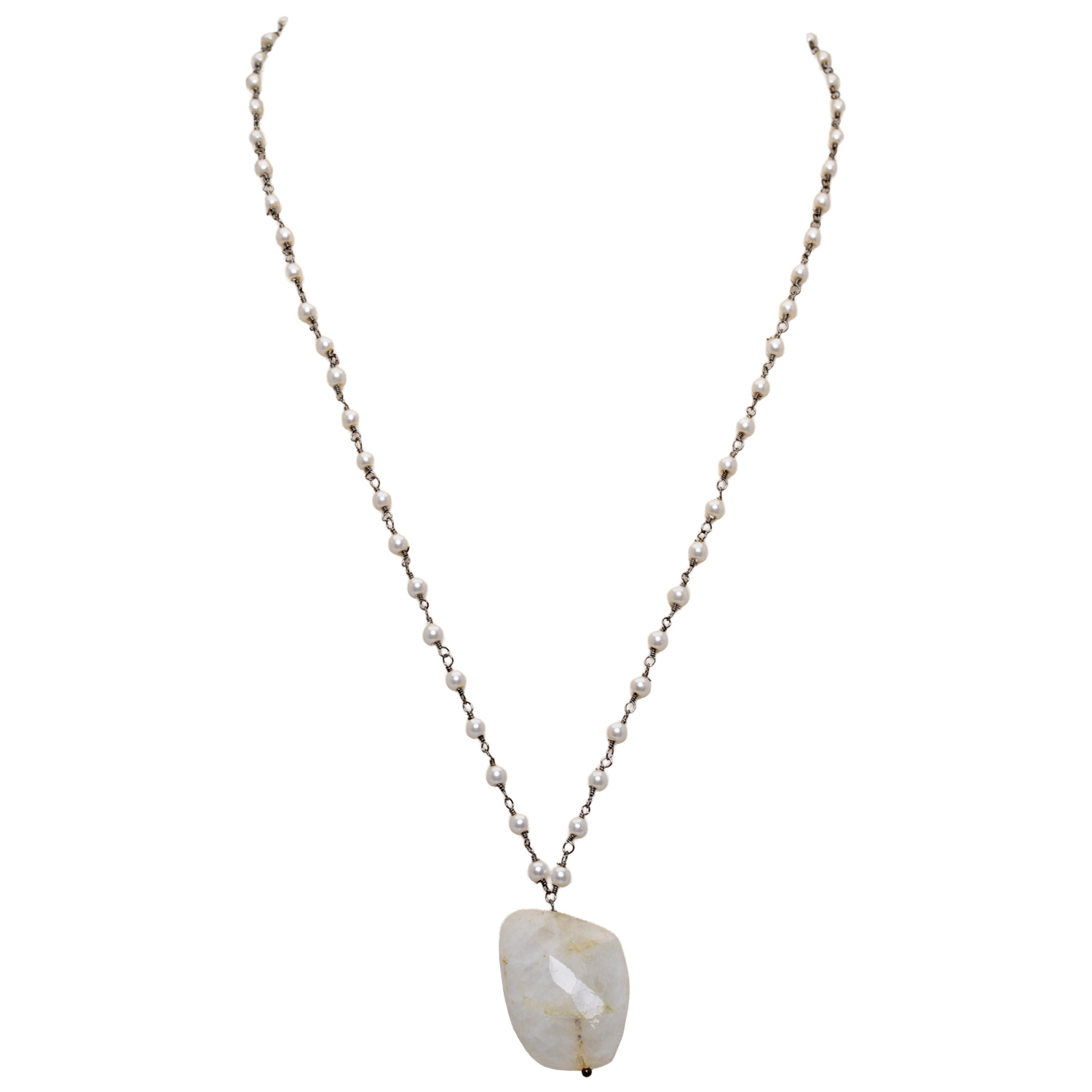 Moonstone Gemstone With Pearl Chain Black Rhodium Plating Bp1052