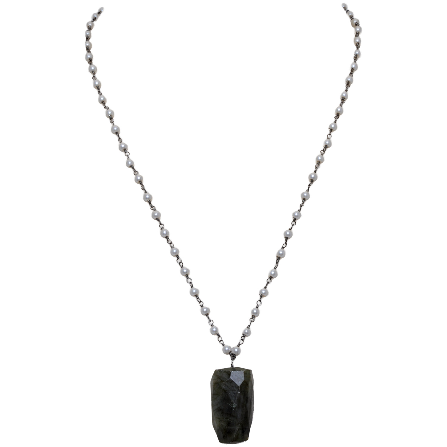 Labradorite Gemstone With Pearl Chain Black Rhodium Plating Bp1053