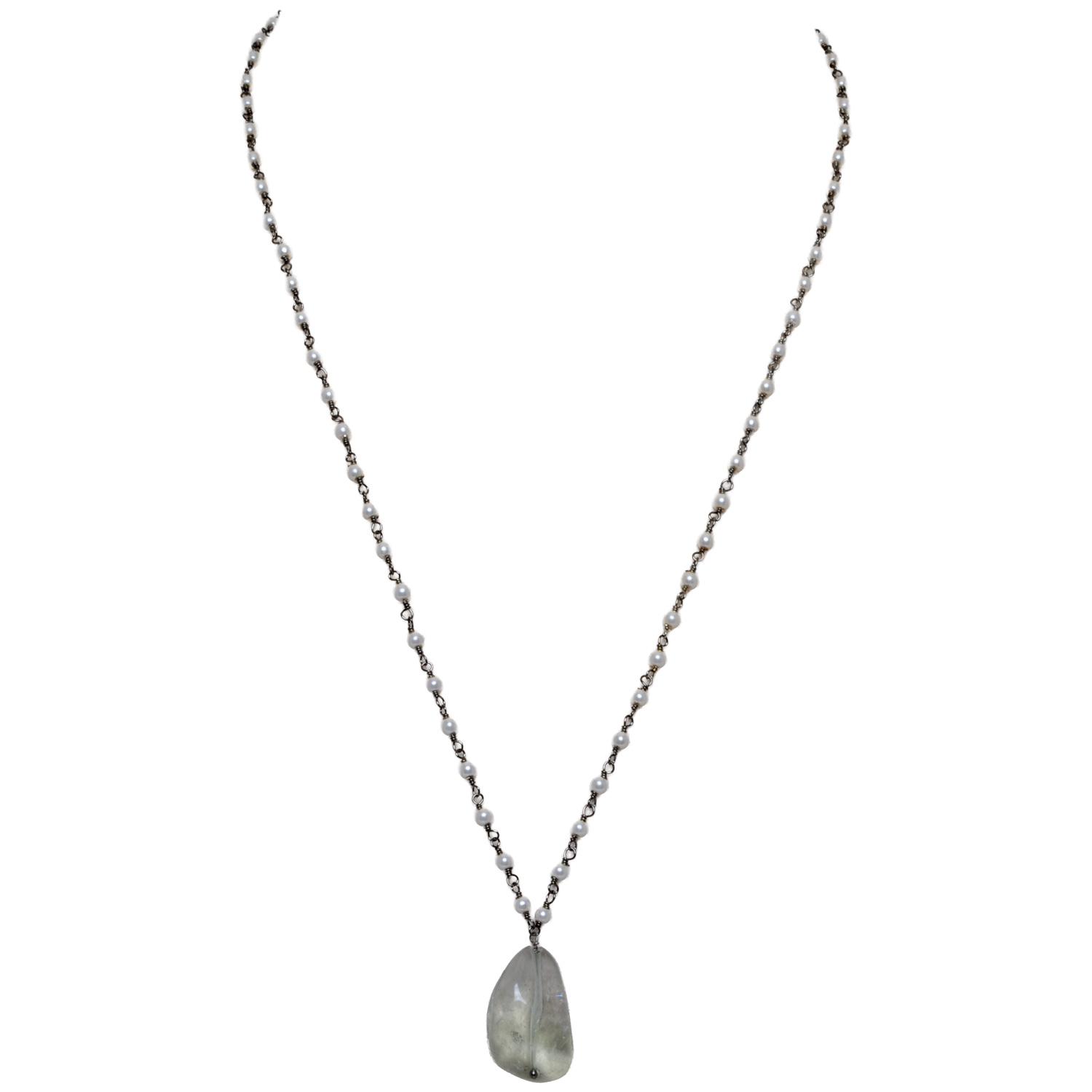 Aquamarine Gemstone With Pearl Chain Black Rhodium Plating Bp1054