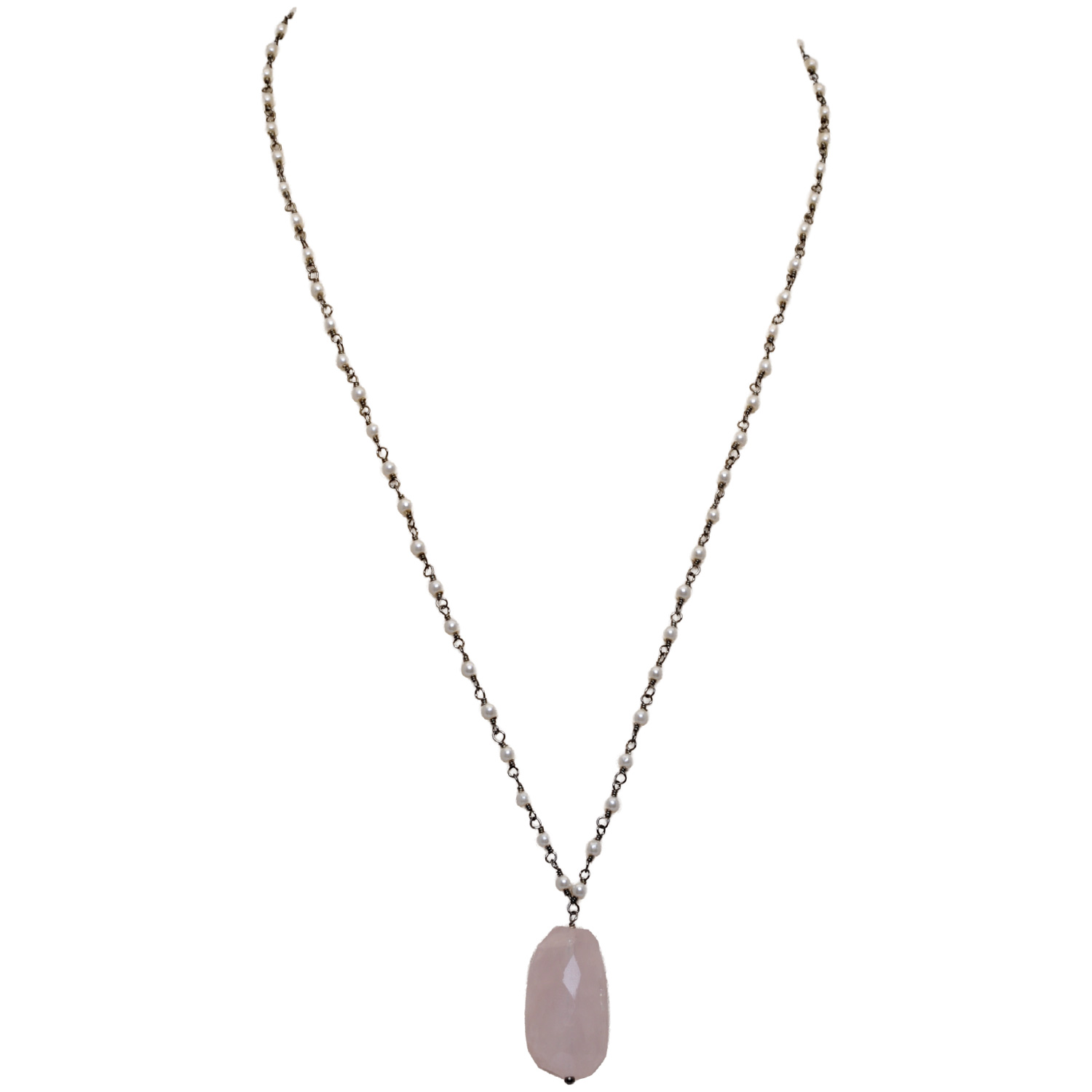 Morganite Gemstone With Pearl Chain Black Rhodium Plating Bp1056