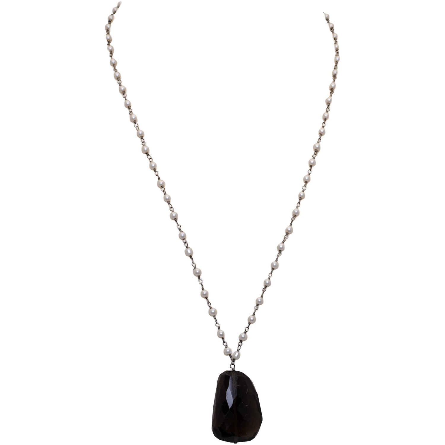 Smoky Gemstone With Pearl Chain Black Rhodium Plating Bp1057