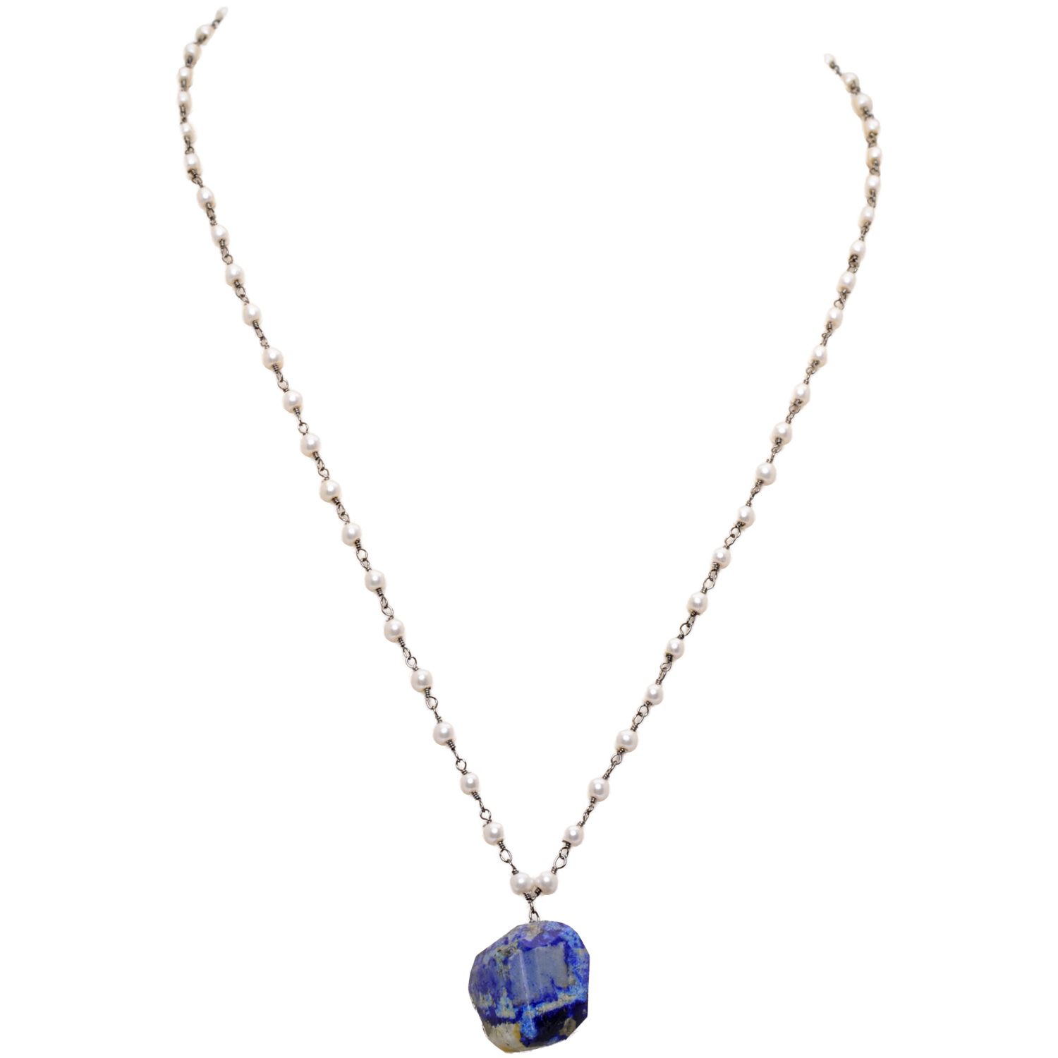 Lapis Lazuli Gemstone With Pearl Chain Black Rhodium Plating Bp1058