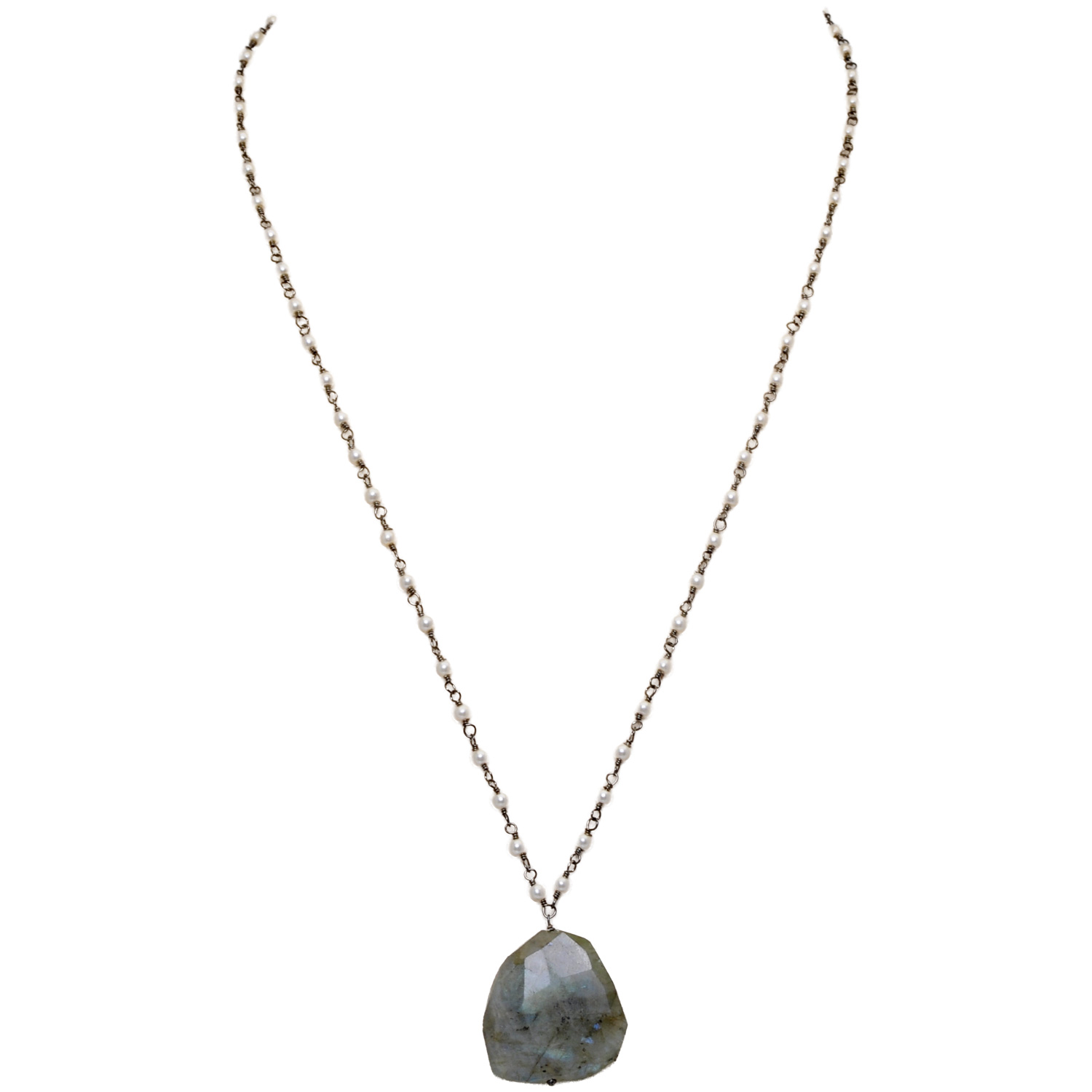Labradorite Gemstone With Pearl Chain Black Rhodium Plating Bp1059
