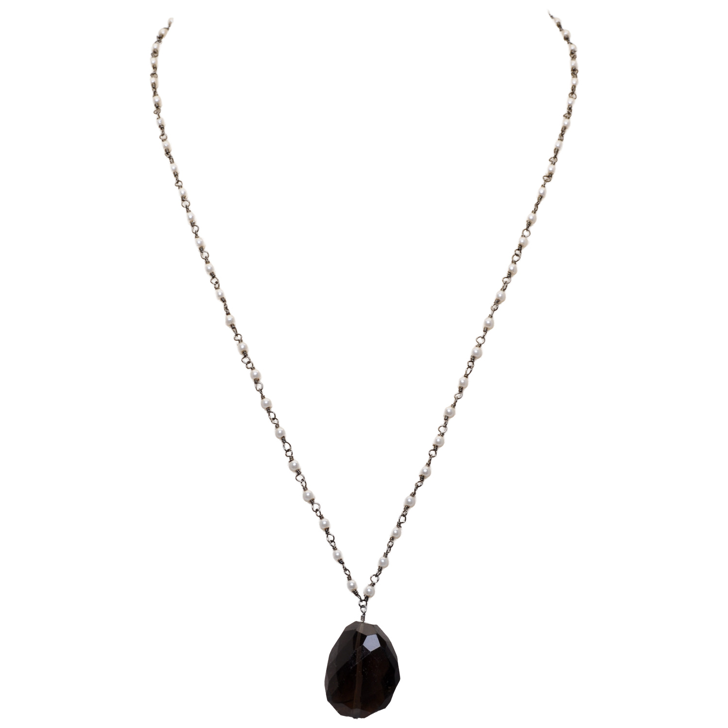 Smoky Gemstone With Pearl Chain Black Rhodium Plating Bp1065
