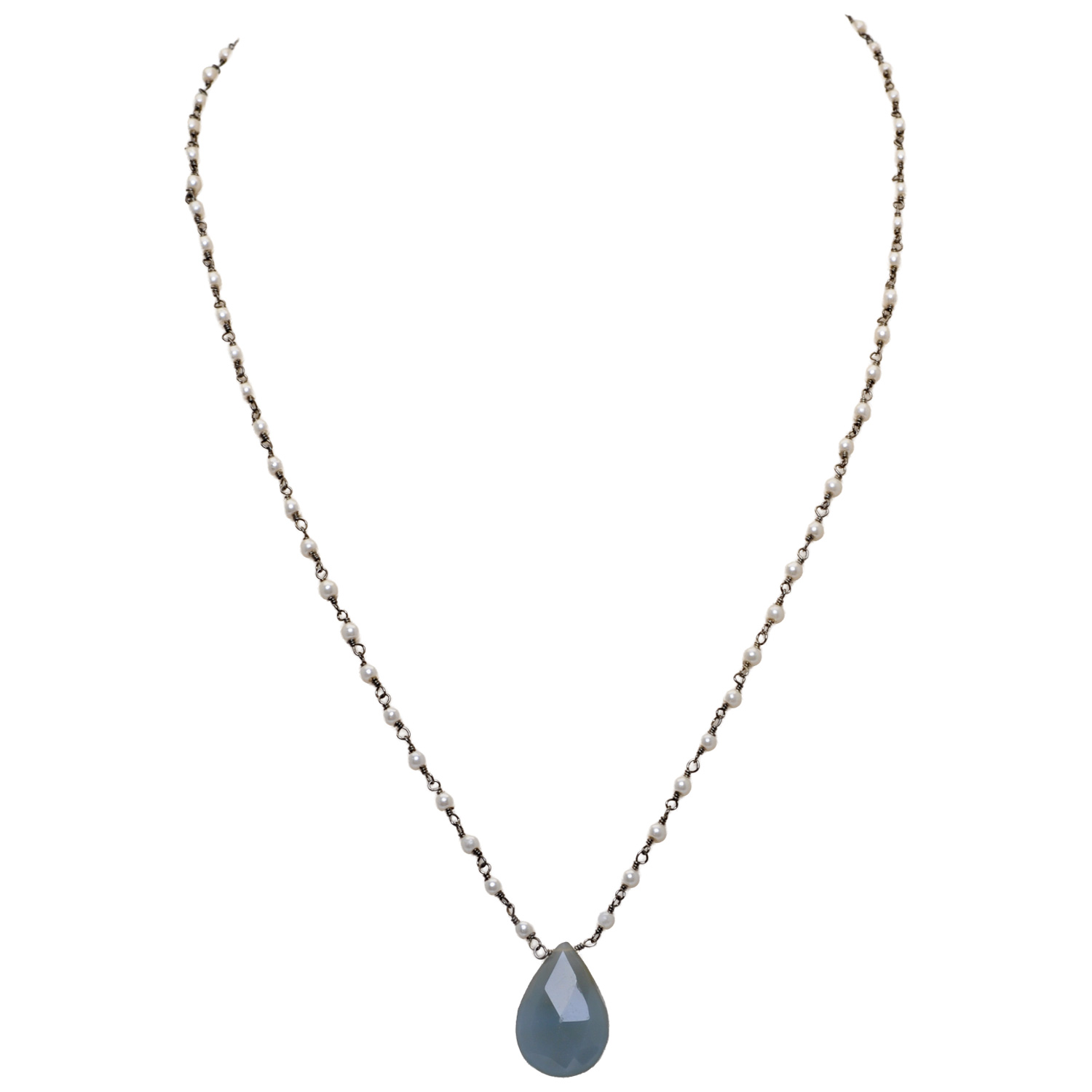 Blue Chalcedony Gemstone With Pearl Chain Black Rhodium Plating Bp1066