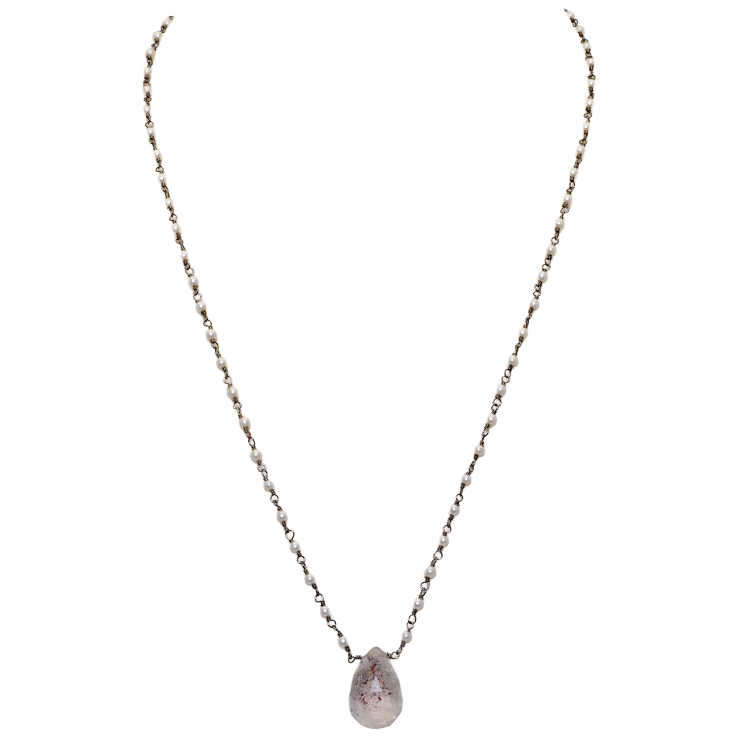 Pink Amethyst Gemstone With Pearl Chain Black Rhodium Plating Bp1069