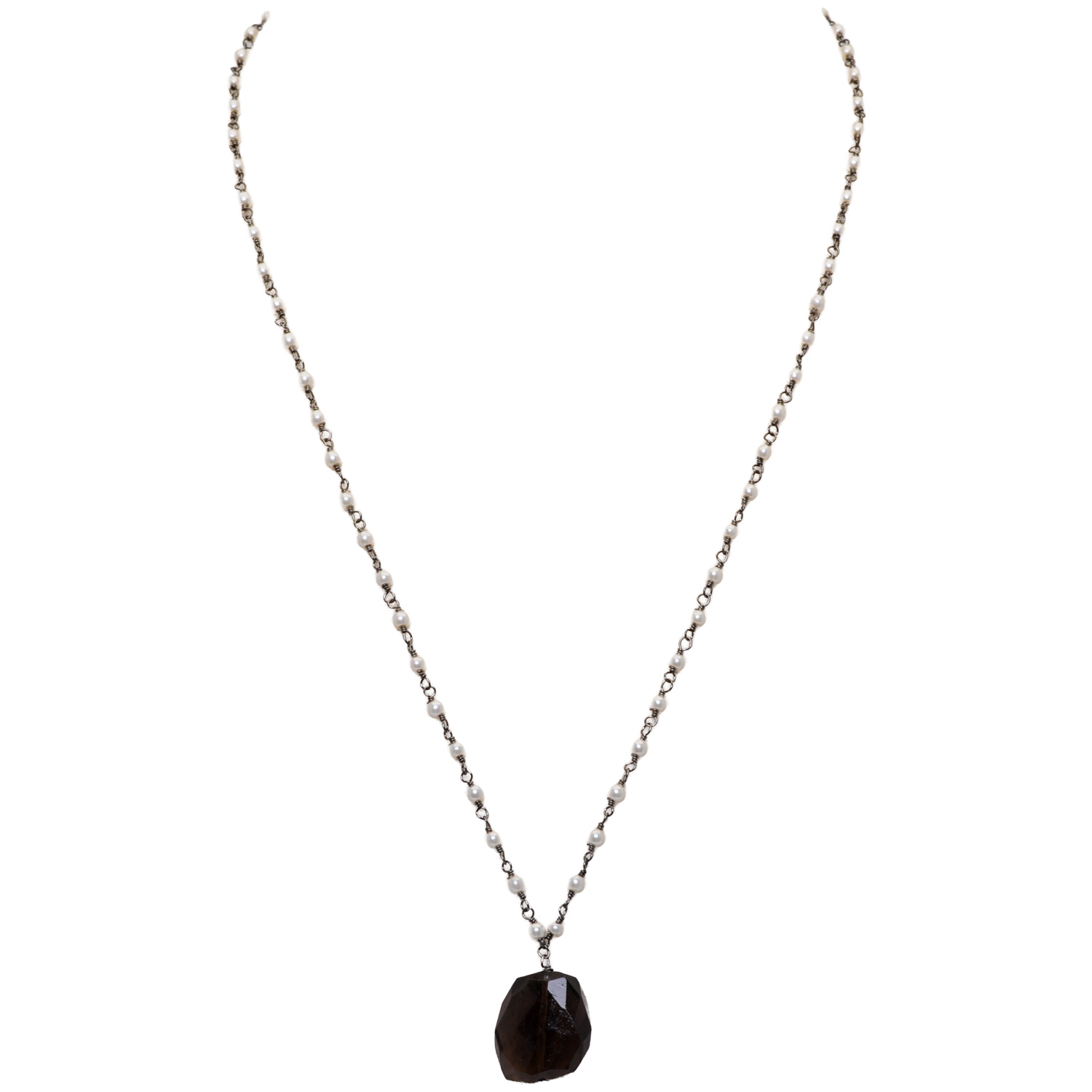 Smoky Gemstone With Pearl Chain Black Rhodium Plating Bp1070