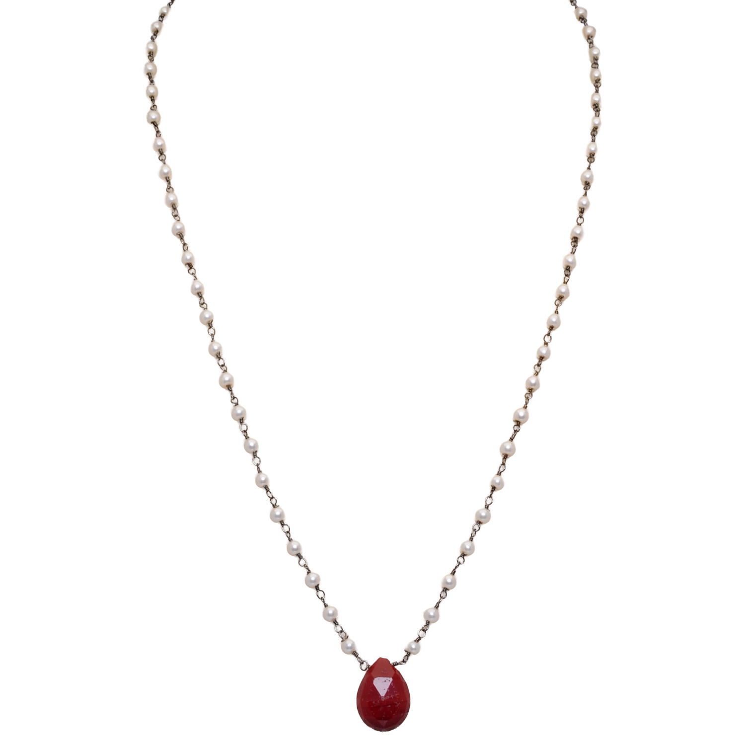 Ruby Gemstone With Pearl Chain Black Rhodium Plating Bp1071
