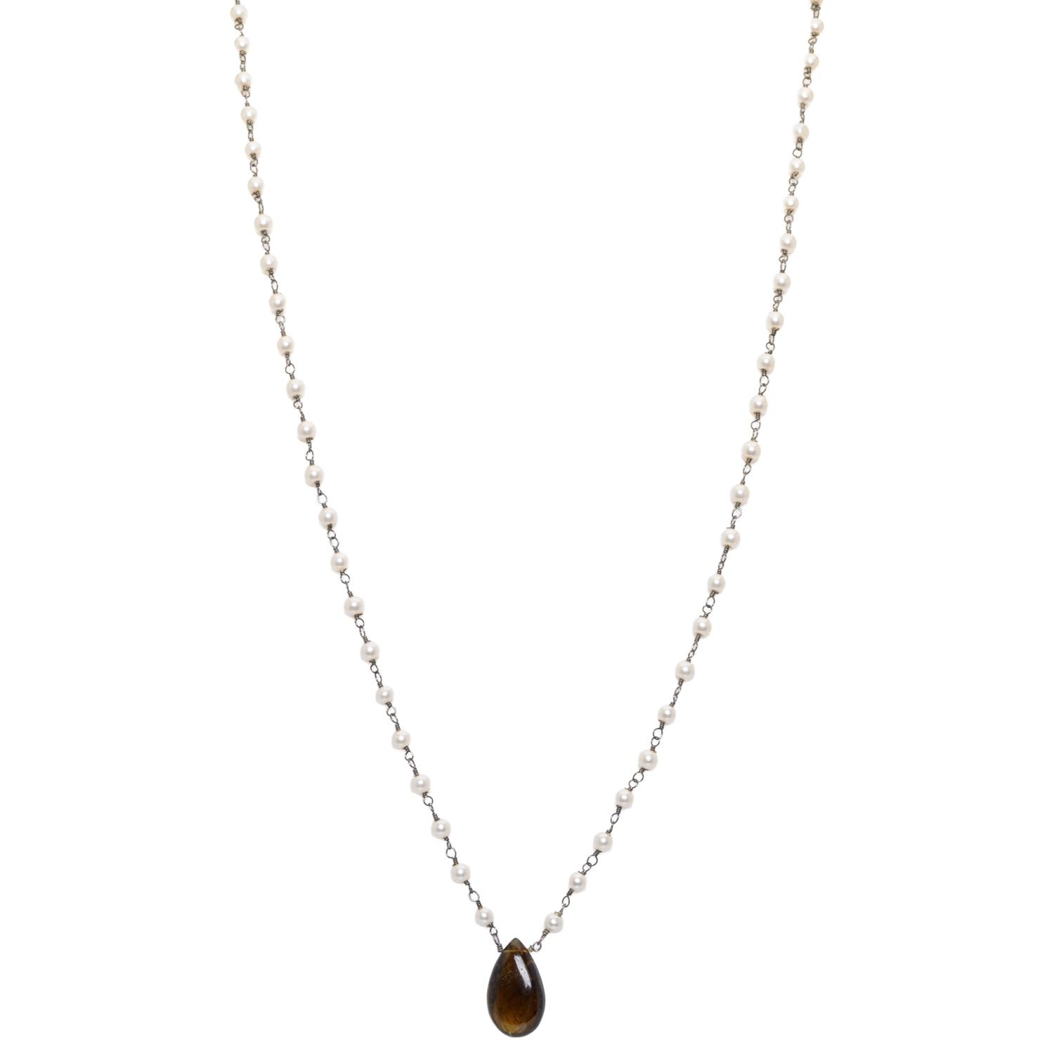 Smoky Gemstone With Pearl Chain Black Rhodium Plating Bp1074