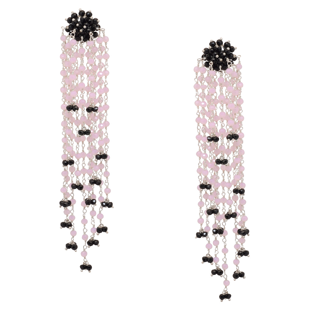 Rose Quartz & Black Spinel Long Zircon Beads Earrings CE-1055