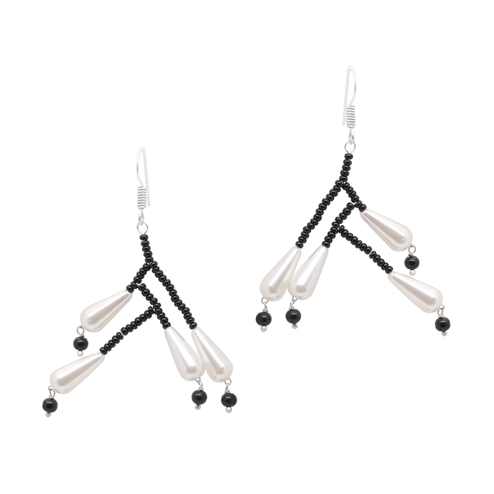 Pearl & Black Spinel Color Stone Bead Earrings CE-1065