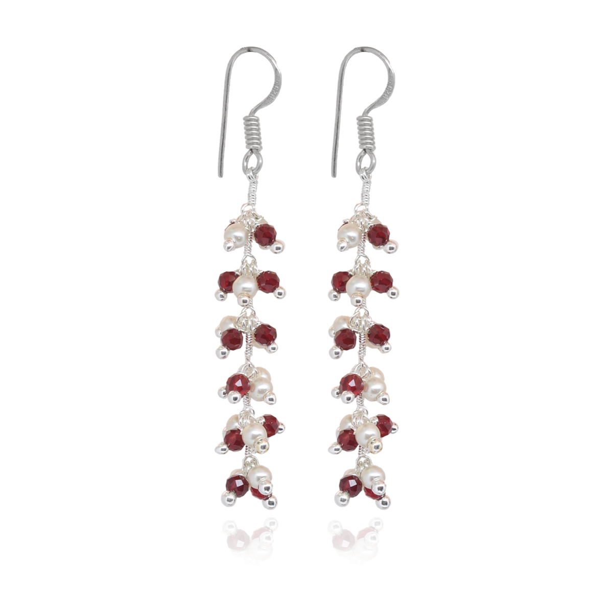 Pearl & Red Garnet Zircon Beads Dangle Drop Style Earrings CE-1104