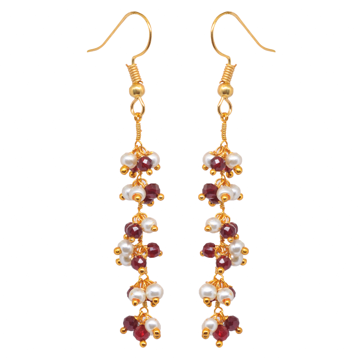 Pearl & Ruby Color Zircon Beads Dangle Drop Style Earrings CE-1137