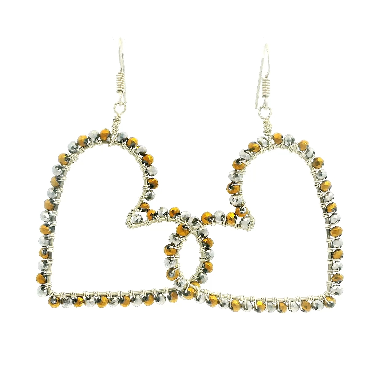 Silver & Gold Pyrite Faceted Zircon Beads Studded Heart Shape Earring CE-1182
