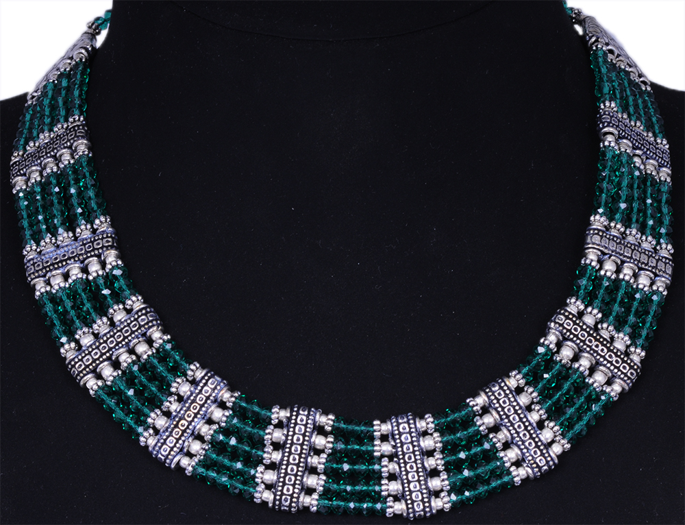 Electric Green Color Zircon & Silver Beads Necklace Set For Women-Cn1005