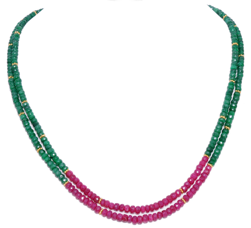2 Layer Necklace of Emerald & Ruby Gemstone Beads NP1022