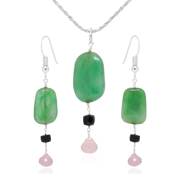 Emerald, Spinel & Rose Quartz Gemstone Beaded Pendant & Earring Set Bp1004