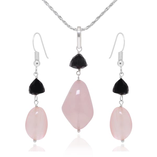 Black Spinel & Rose Quartz Gemstone Beaded Pendant & Earring Set Bp1005