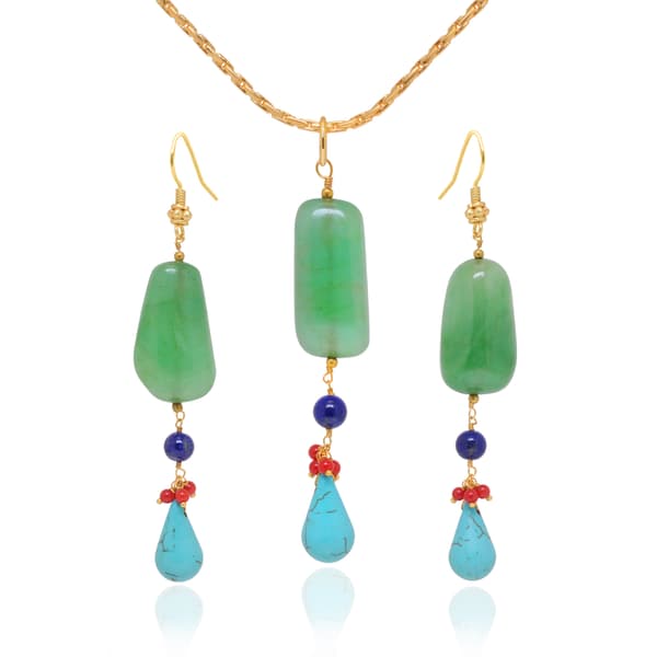 Emerald, Lapis Lazuli & Turquoise Gemstone Beaded Pendant & Earring Set Bp1006