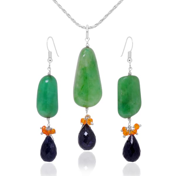 Emerald, Citrine & Blue Sapphire Gemstone Beaded Pendant & Earring Set Bp1007