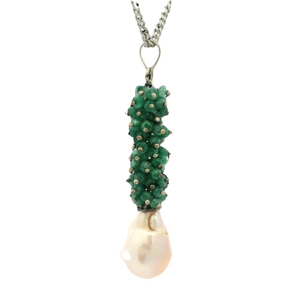 Fresh Water Baroque Pearl & Emerald Gemstone Beaded Pendant Bp1012