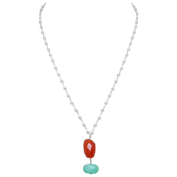 Chrysoprase & Carnelian Gemstone With Pearl Chain White Rhodium Plating Bp1018