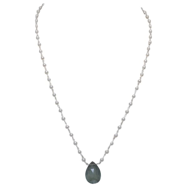 Aquamarine Gemstone With Pearl Chain White Rhodium Plating Bp1020